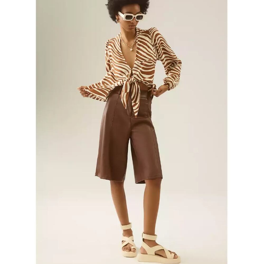 NWT Faithfull The Brand Sarin Tie Front Top Blouse Brown White Print US 4